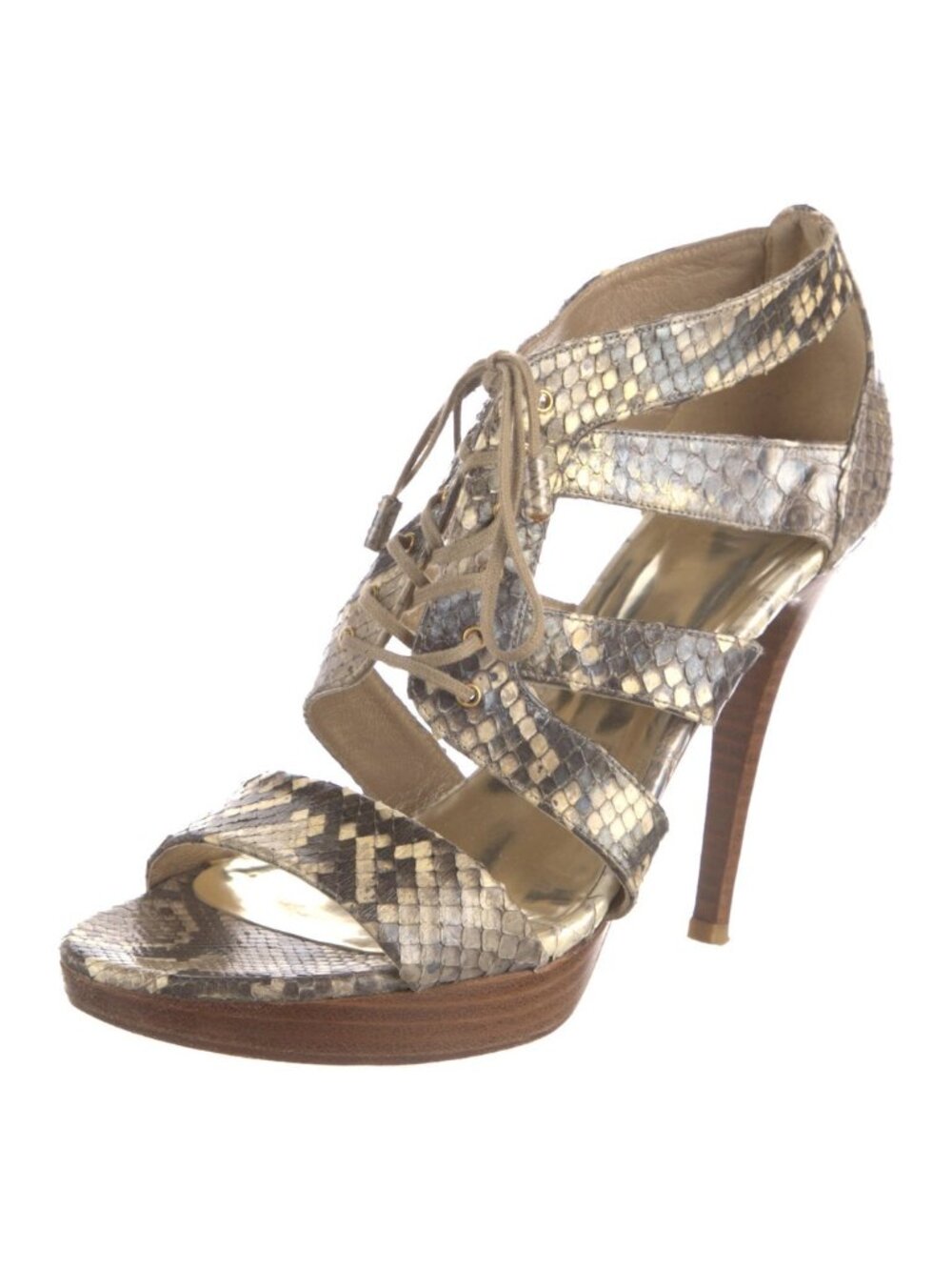 Stuart Weitzman Snakeskin Tan Pearl Caged Lace Up Stiletto Leather Sandal 8.5